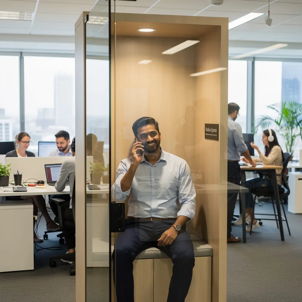 Kaasaegne kontor, kus on avarad koostööalad ja vaiksed tsoonid, mis soodustavad meeskonnatööd.